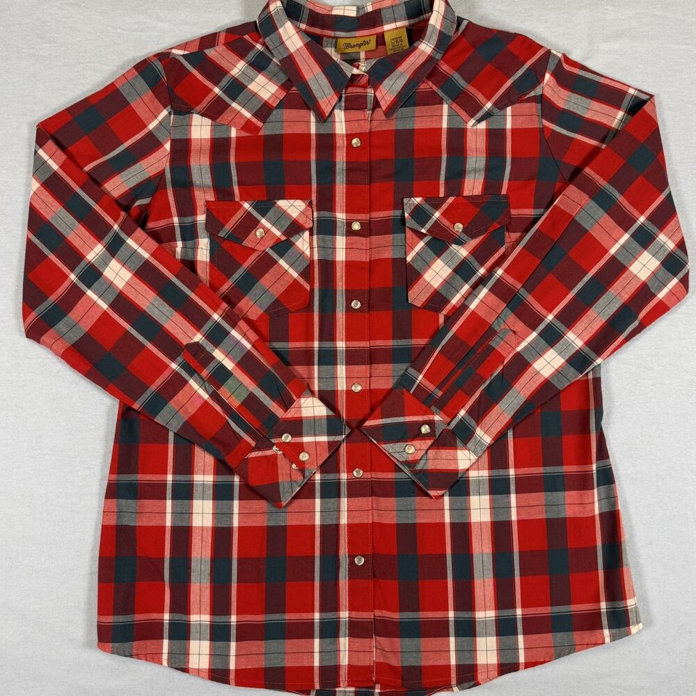 Vintage Wrangler Red Plaid Rancher Shirt Size L Pearl Snap Button
